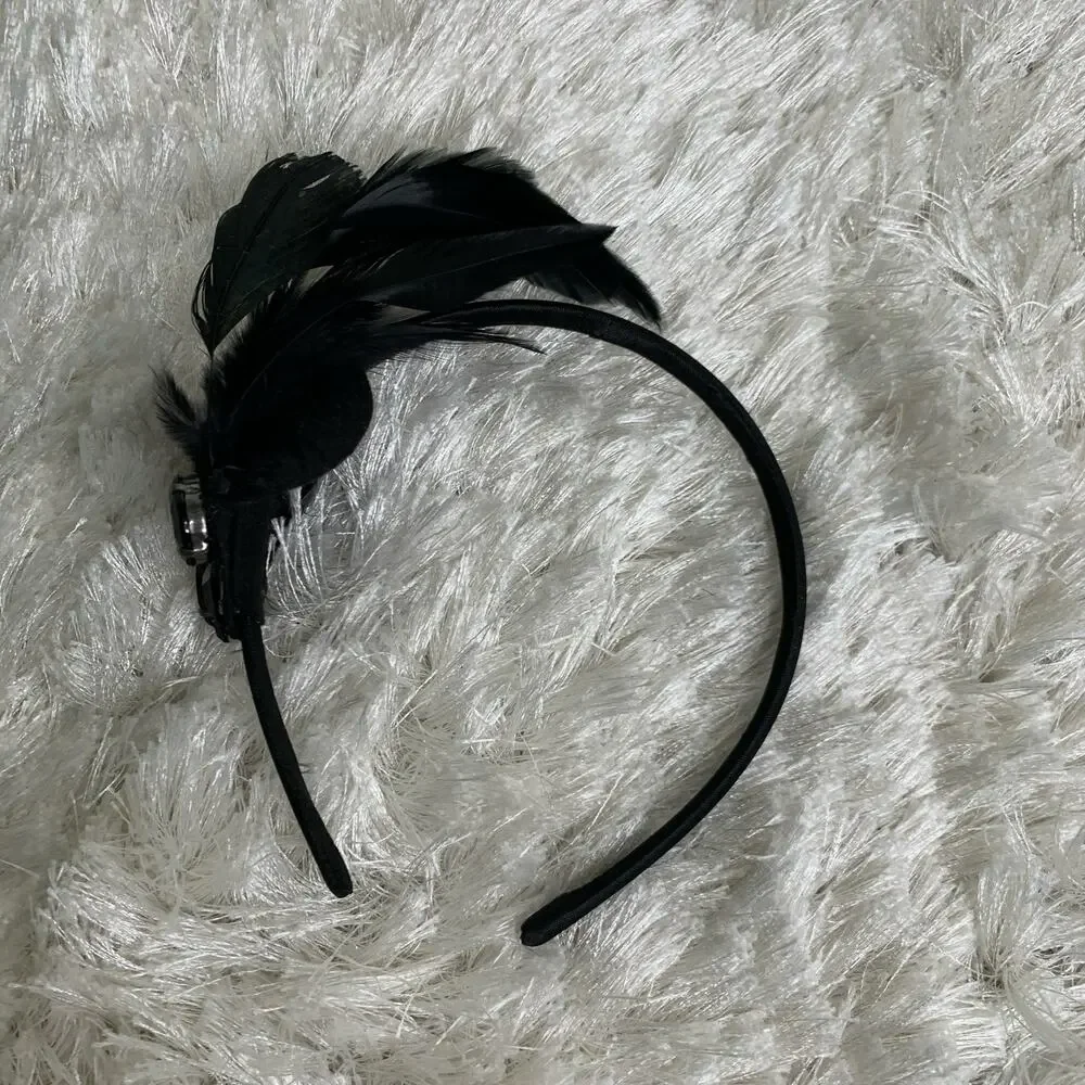 Black Feather Rhinestone Jewel Headband Halloween Dance Costume
